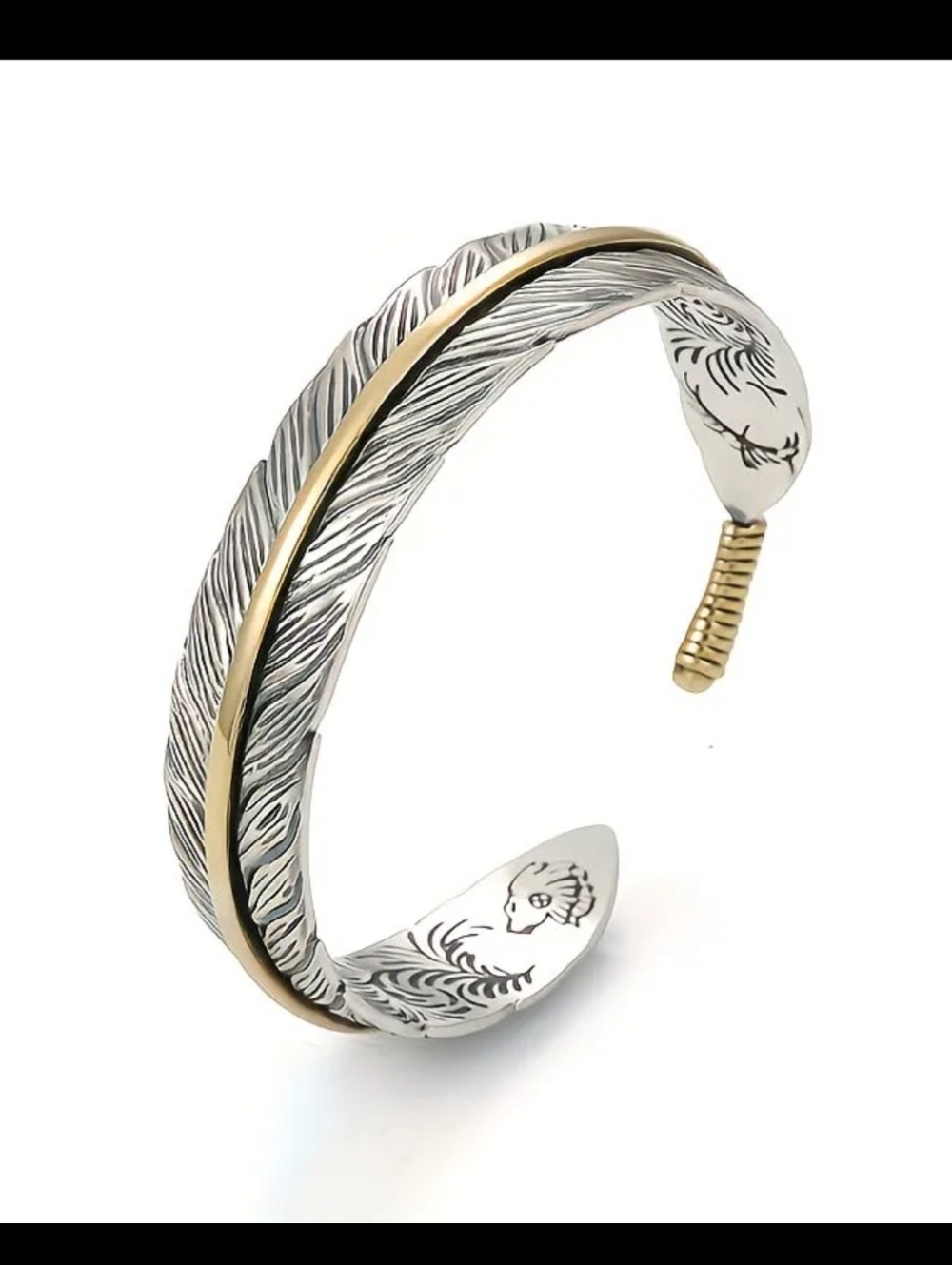 New Silver and Gold Tone Feather Cuff Bracelet